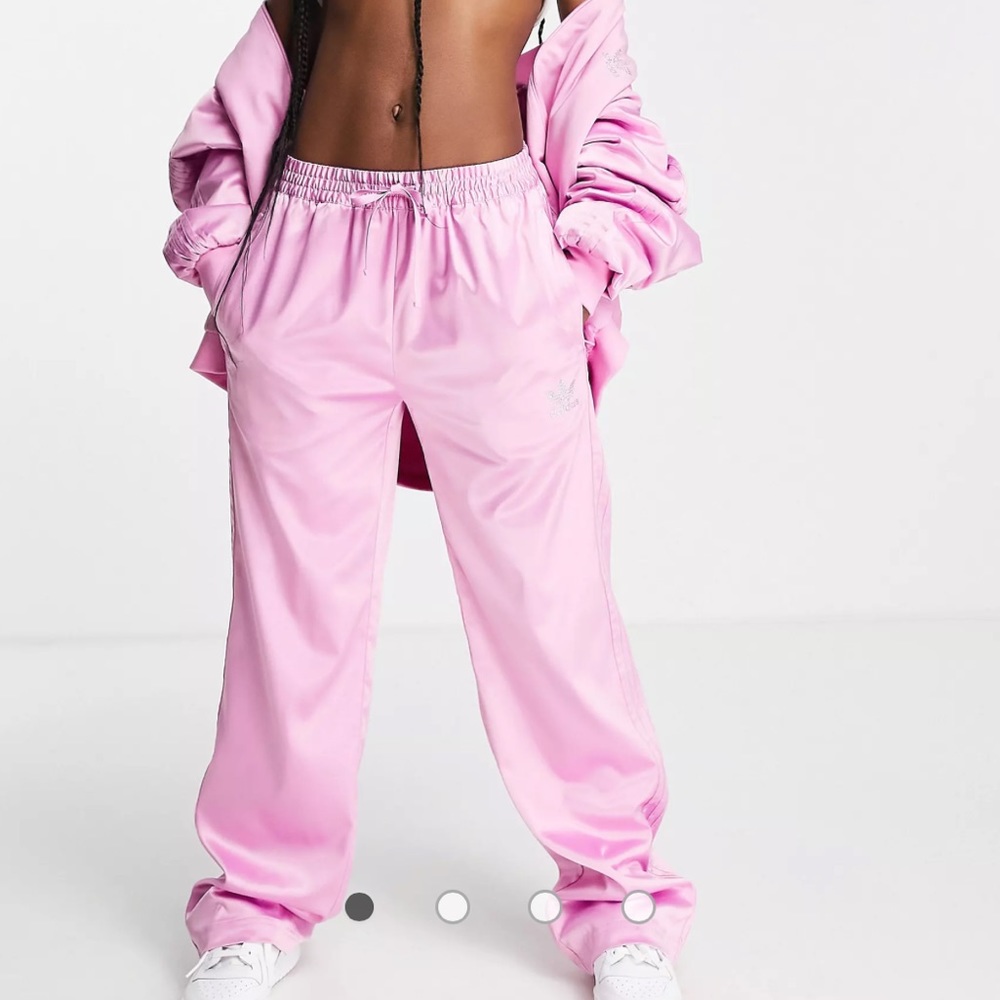 adidas Originals '2000s Luxe' satin wide leg pants in pink with rhinestone logo